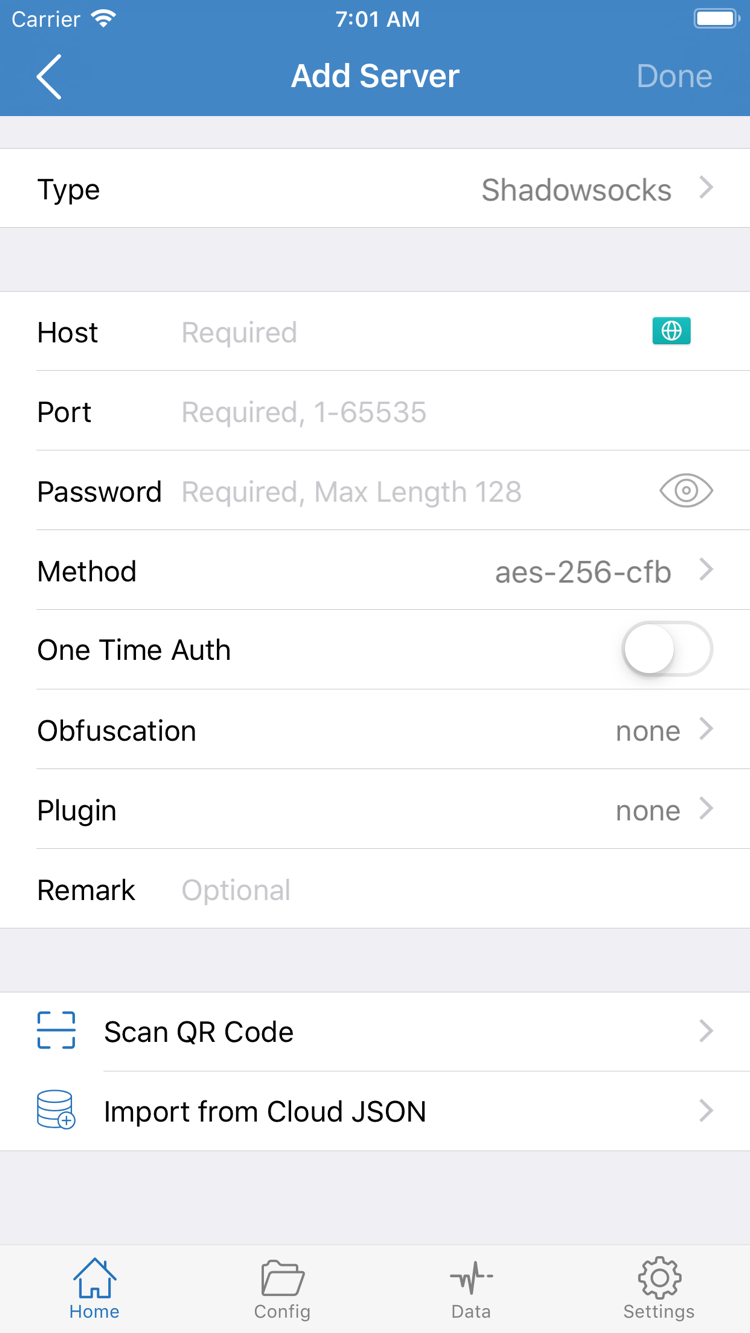 Shadowrocket 공식 Add Server 화면: Type, Host, Port, Password, Method 및 가져오기 메뉴 표시