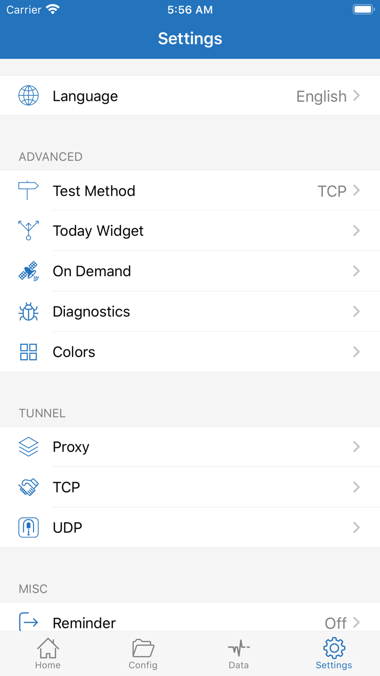 Shadowrocket 공식 Settings 화면: Language, Test Method, On Demand, Diagnostics, Proxy, TCP, UDP 표시