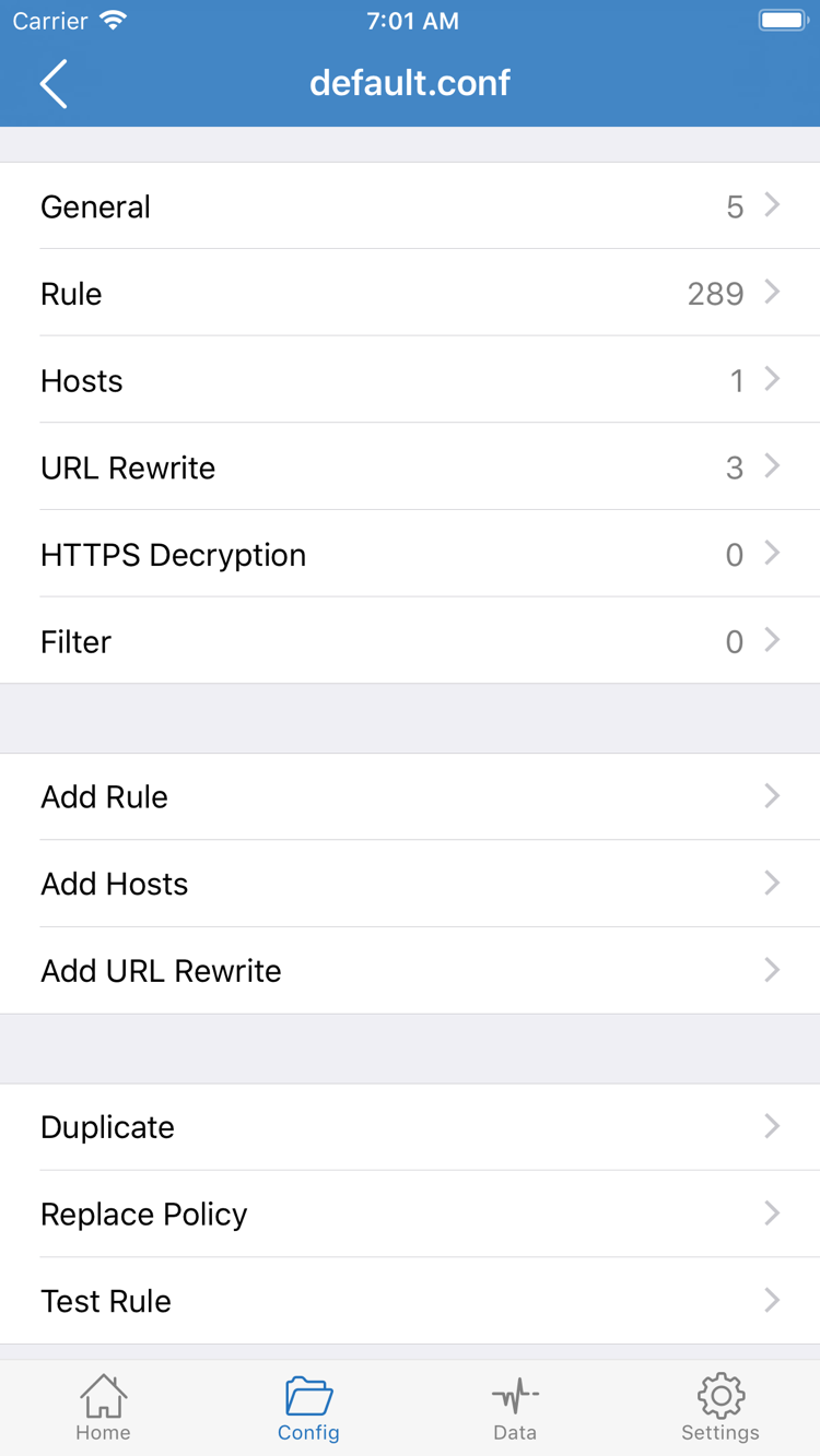 Shadowrocket 공식 Config 설정 편집 화면: General, Rule, Hosts 등의 섹션과 Add Rule 표시